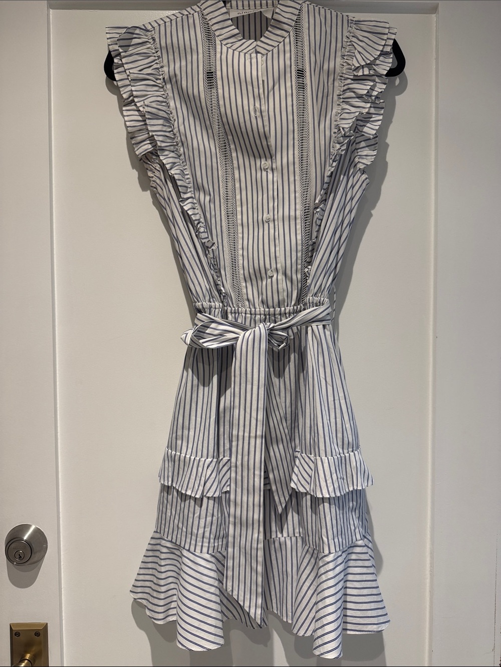 N/ nichalos Striped Ruffle Tie-Waist Mini Dress - White/Blue